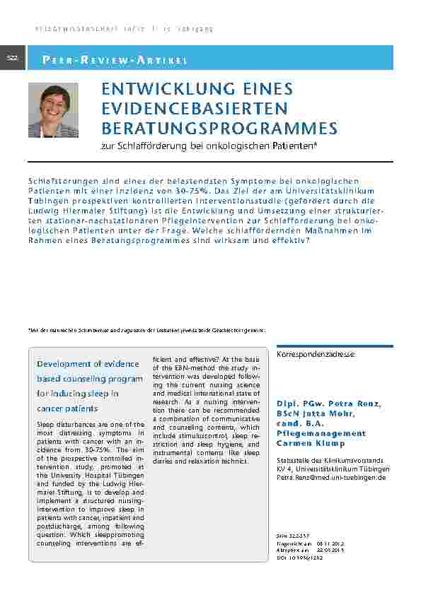 [doc_201316] Entwicklung eines evidencebasierten Beratungsprogrammes zur Schlafförderung bei onkologischen Patienten