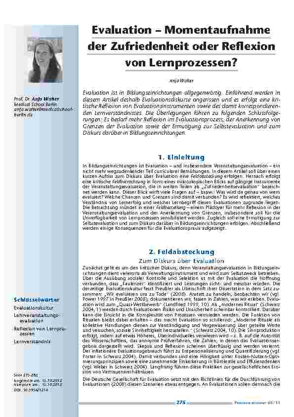 [doc_201296] Evaluation – Momentaufnahme der Zufriedenheit oder Reflexion von Lernprozessen?