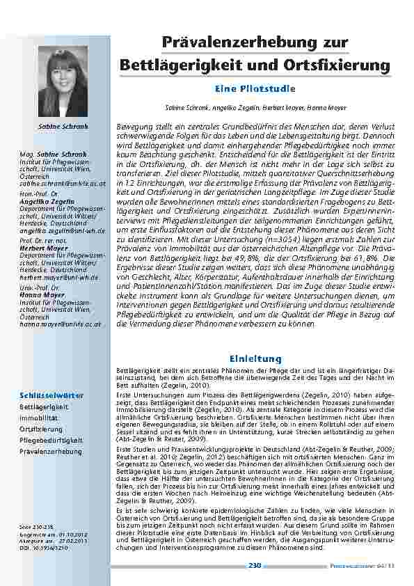 [doc_201291] Prävalenzerhebung zur Bettlägerigkeit und Ortsfixierung – eine Pilotstudie