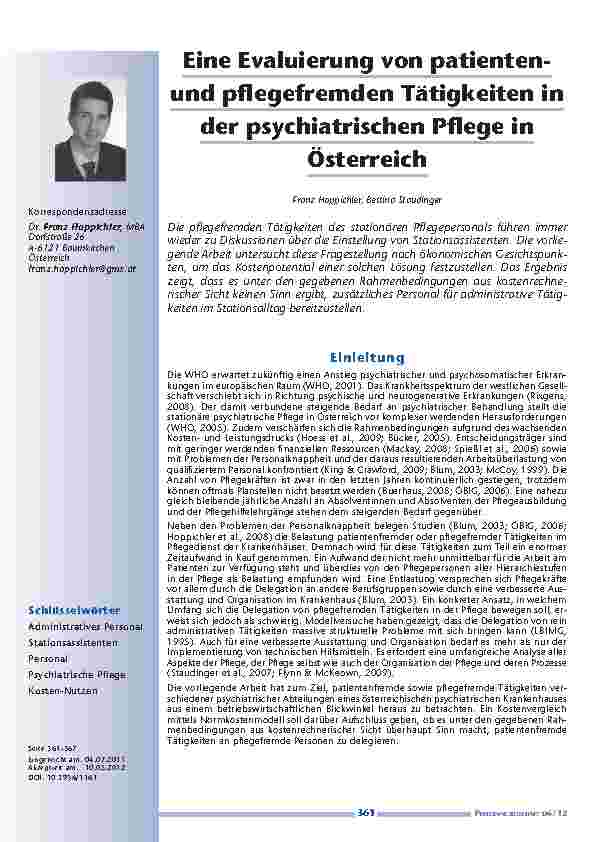 [doc_201233] Eine Evaluierung von patientenund pflegefremden Tätigkeiten in der psychiatrischen Pflege in Österreich