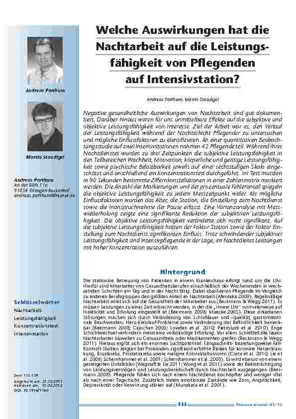 [doc_201209] Welche Auswirkungen hat die Nachtarbeit auf die Leistungsfähigkeit von Pflegenden auf Intensivstation?