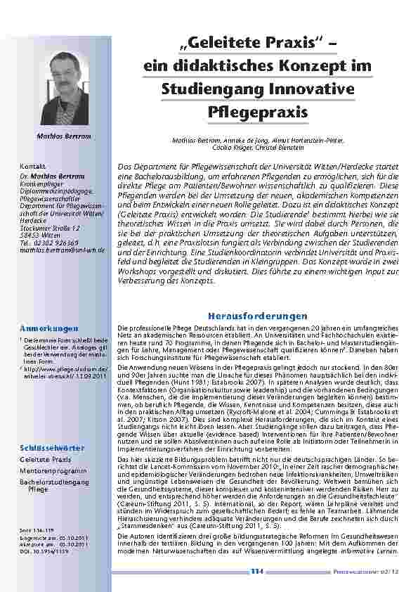 [doc_201208] „Geleitete Praxis“ – ein didaktisches Konzept im Studiengang Innovative Pflegepraxis