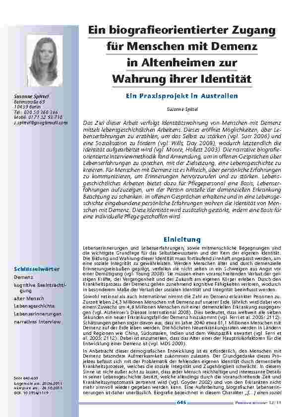 [doc_201185] Ein biografieorientierter Zugang für Menschen mit Demenz in Altenheimen zur Wahrung ihrer Identität - Ein Praxisprojekt in Australien