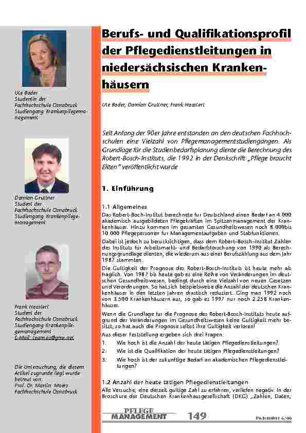 [doc_200978] Berufsund Qualifikationsprofil der Pflegedienstleitungen in niedersächsischen Kranken-häusern