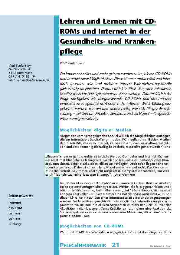 [doc_200932] Lehren und Lernen mit CD-ROMs und Internet in der Gesundheitsund Kranken-pflege