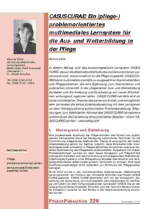 [doc_200873] CASUS CURAE: Ein (pflege) problemorientiertes multimediales Lernsystem für die Ausund Weiterbildung in der Pflege