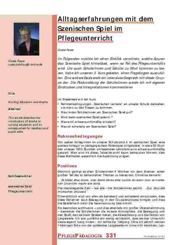 [doc_200867] Alltagserfahrungen mit dem Szenischen Spiel im Pflegeunterricht