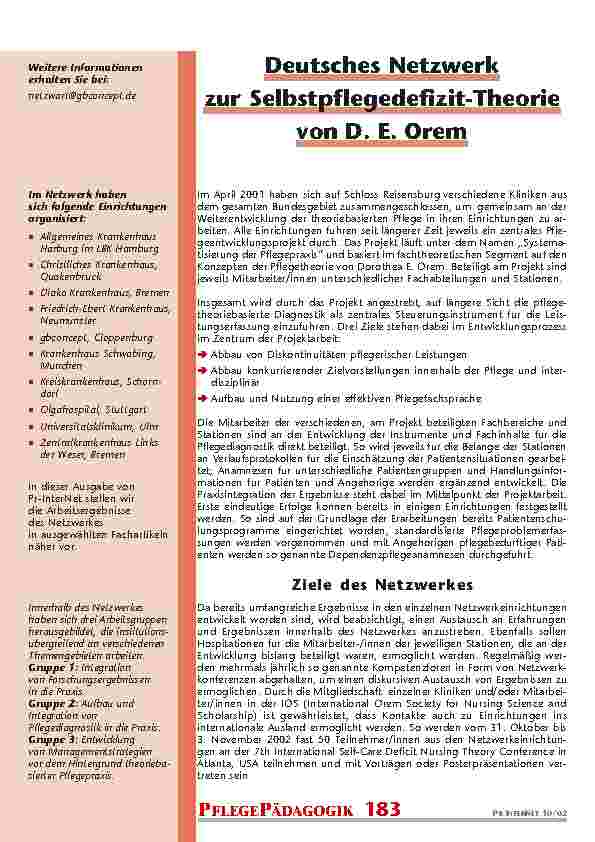 [doc_200805] Deutsches Netzwerk zur Selbstpflegedefizit-Theorie von D. E. Orem