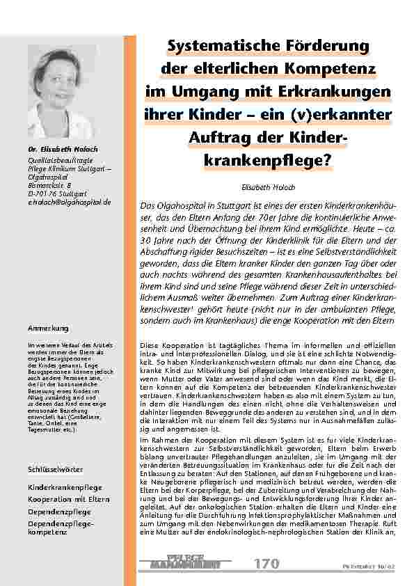 [doc_200798] Systematische Förderung der elterlichen Kompetenz im Umgang mit Erkrankungen ihrer Kinder – ein (v)erkannter Auftrag der Kinderkrankenpflege?