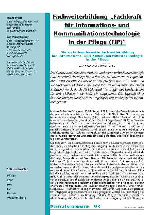 [doc_200793] Fachweiterbildung „Fachkraft für Informationsund Kommunikationstechnologie in der Pflege (FIP)“