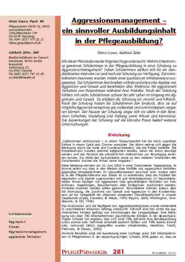 [doc_200696] Aggressionsmanagement –ein sinnvoller Ausbildungsinhaltin der Pflegeausbildung?