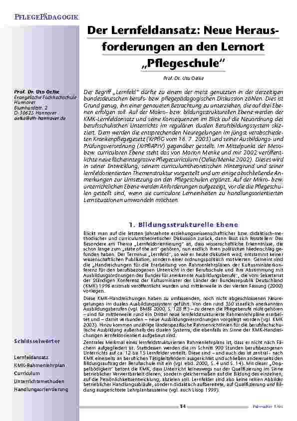 [doc_200695] Der Lernfeldansatz: Neue Herausforderungen an den Lernort„Pflegeschule“