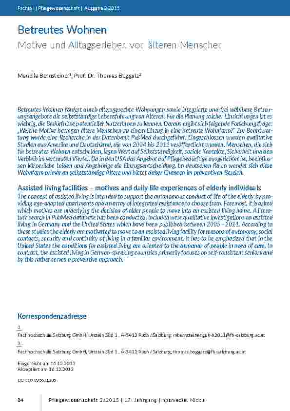 [doc_200669] Betreutes WohnennMotive und Alltagserleben von älteren Menschen