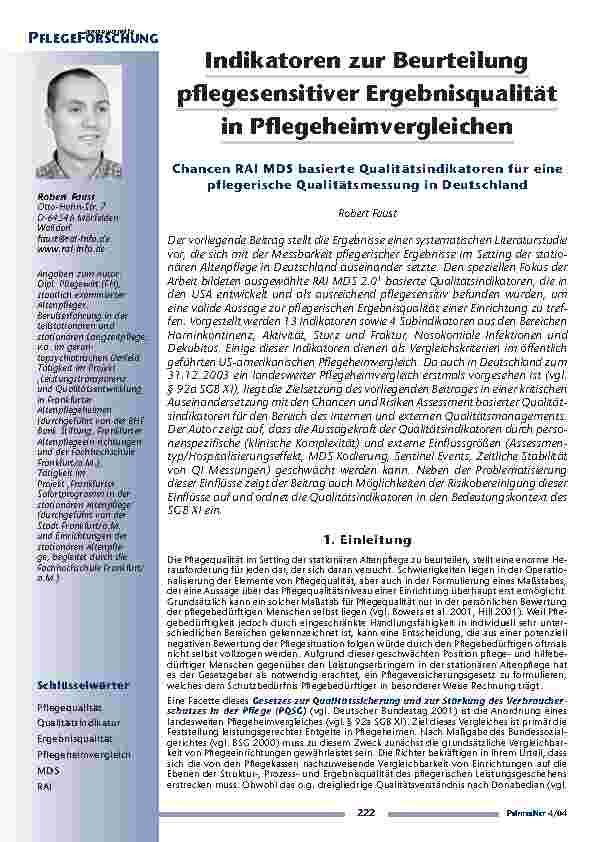 [doc_200663] Indikatoren zur Beurteilungpflegesensitiver Ergebnisqualitätin Pflegeheimvergleichen