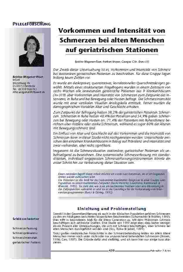 [doc_200635] Vorkommen und Intensität vonSchmerzen bei alten Menschenauf geriatrischen Stationen