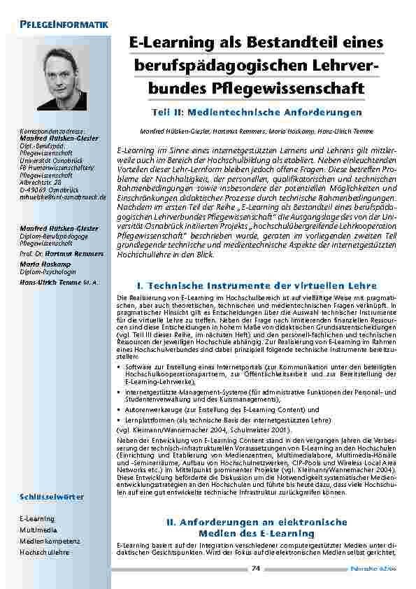 [doc_200499] E-Learning als Bestandteil einesberufspädagogischen Lehrverbundes Pflegewissenschaft: Teil II: Medientechnische Anforderungen