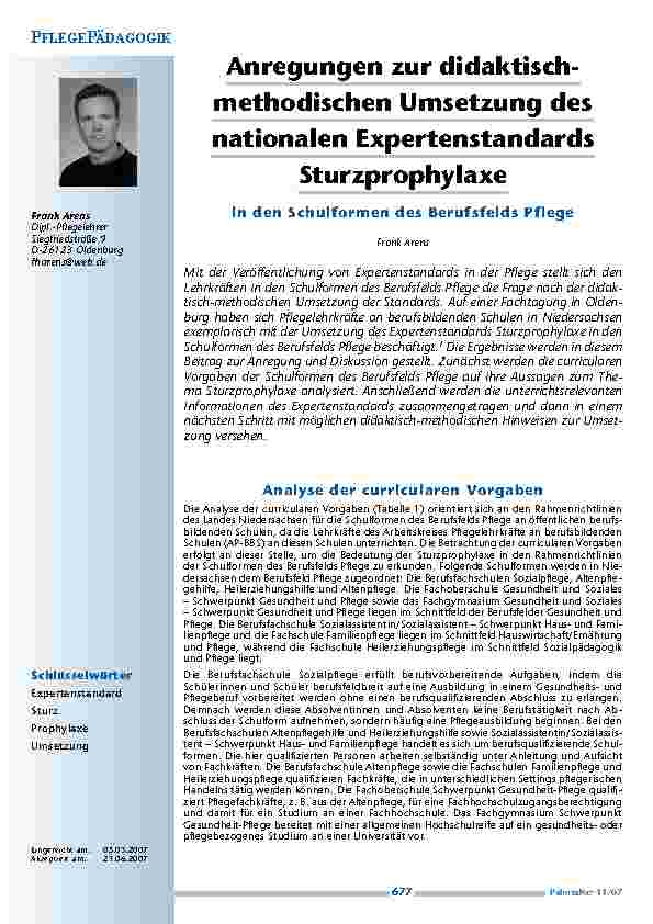 [doc_200352] Anregungen zur didaktischmethodischenUmsetzung desnationalen ExpertenstandardsSturzprophylaxein den Schulformen des Berufsfelds Pflege