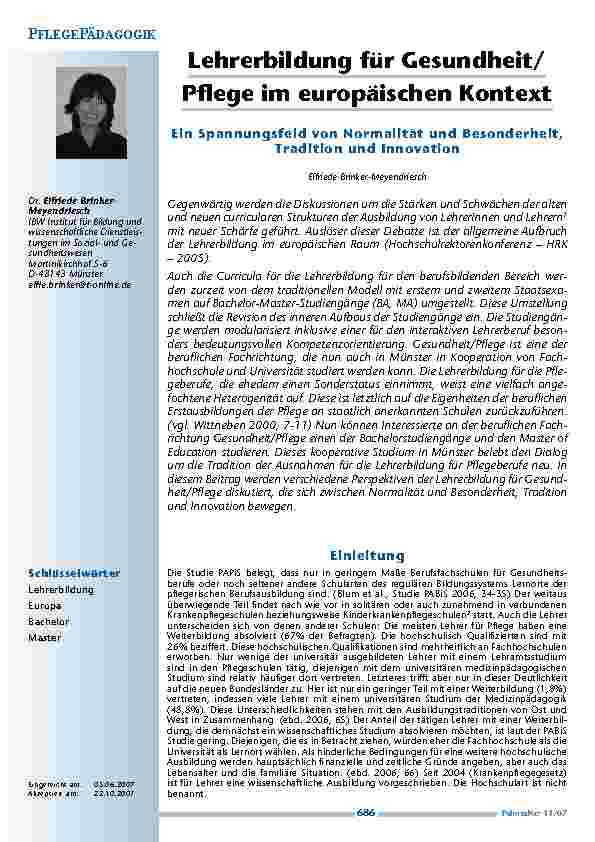 [doc_200351] Lehrerbildung für Gesundheit/Pflege im europäischen KontextEin Spannungsfeld von Normalität und Besonderheit,Tradition und Innovation