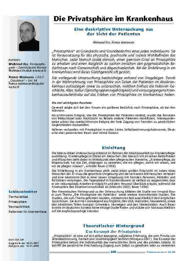 [doc_200250] Die Privatsphäre im Krankenhaus. Eine deskriptive Untersuchung ausder Sicht der Patienten