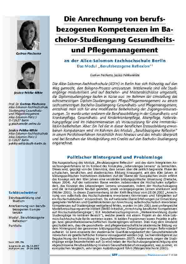 [doc_200245] Die Anrechnung von berufsbezogenen Kompetenzen im Bachelor-Studiengang Gesundheitsund Pflegemanagement an der Alice-Salomon Fachhochschule Berlin. Das Modul „Berufsbezogene Reflexion“