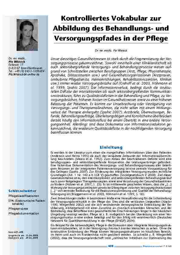 [doc_200243] Kontrolliertes Vokabular zur Abbildung des Behandlungsund Versorgungspfades in der Pflege