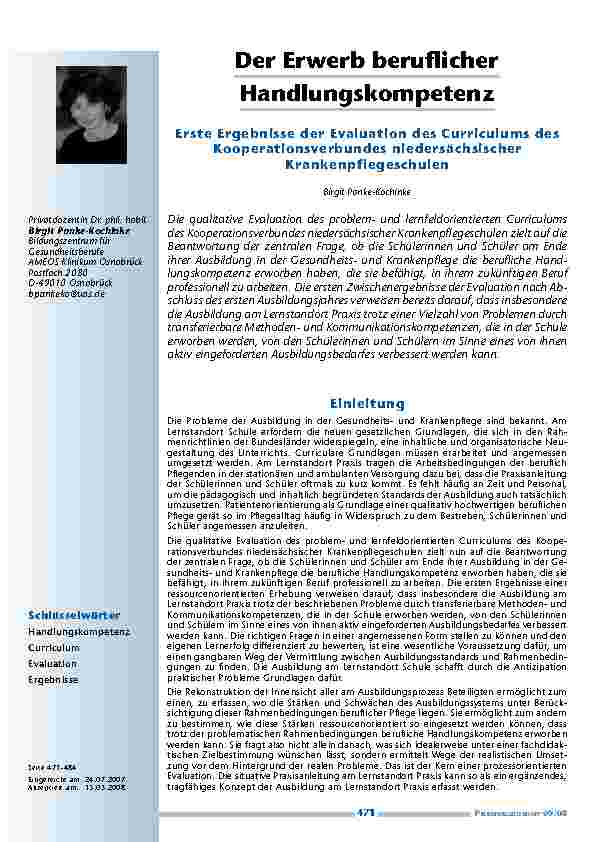 [doc_200223] Der Erwerb beruflicher Handlungskompetenz - Erste Ergebnisse der Evaluation des Curriculums des Kooperationsverbundes niedersächsischer Krankenpflegeschulen