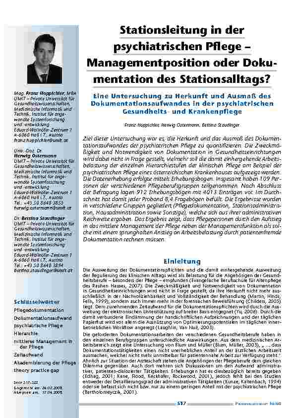 [doc_200218] Stationsleitung in der psychiatrischen Pflege – Managementposition oder Dokumentation des Stationsalltags? Eine Untersuchung zu Herkunft und Ausmaß des Dokumentationsaufwandes in der psychiatrischen Gesundheitsund Krankenpflege