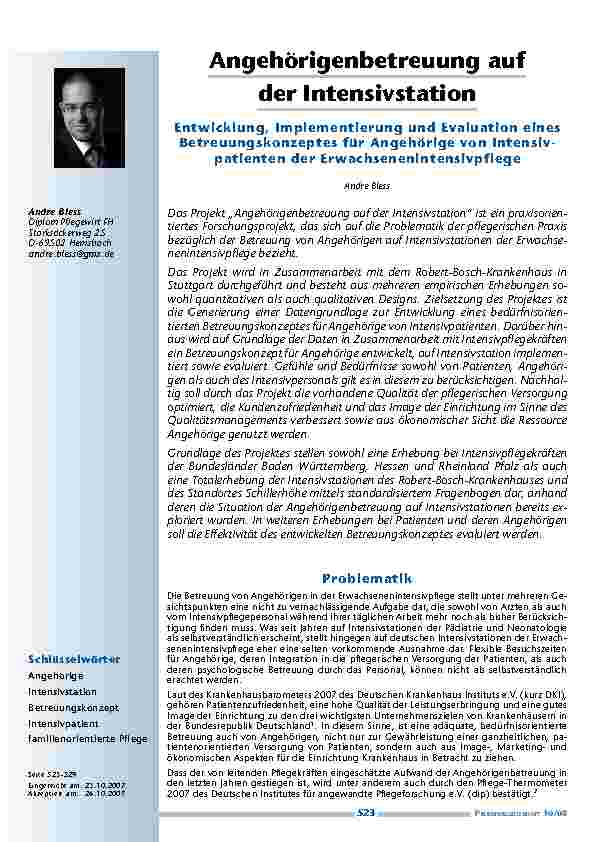 [doc_200217] Angehörigenbetreuung auf der IntensivstationEntwicklung, Implementierung und Evaluation eines Betreuungskonzeptes für Angehörige von Intensivpatienten der Erwachsenenintensivpflege