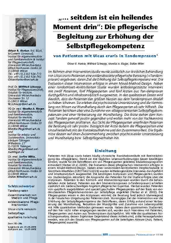 [doc_200204] „… seitdem ist ein heilendes Moment drin“: Die pflegerische Begleitung zur Erhöhung der Selbstpflegekompetenz von Patienten mit Ulcus cruris in Tandempraxen