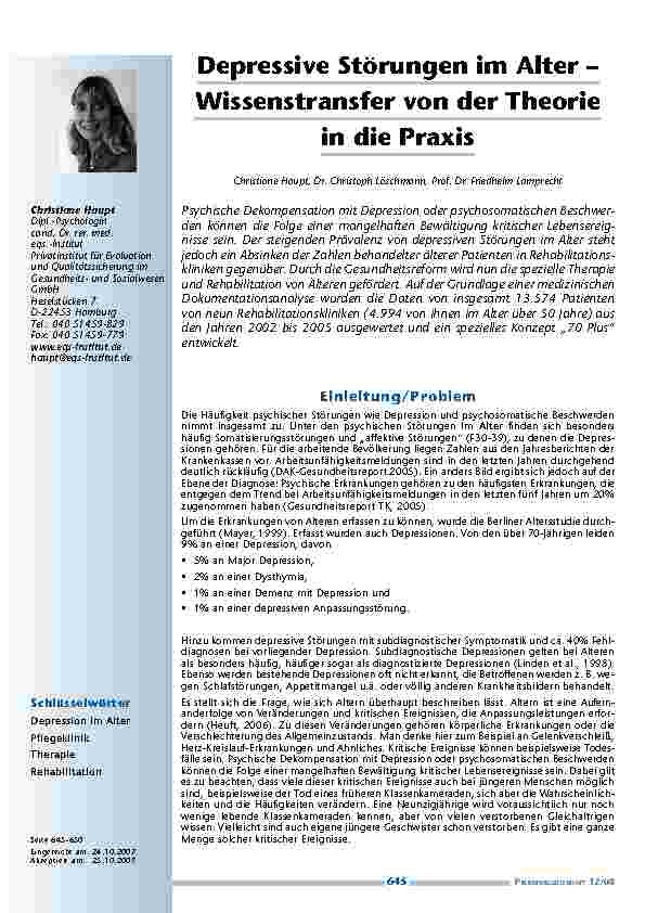 [doc_200192] Depressive Störungen im Alter – Wissenstransfer von der Theorie in die Praxis