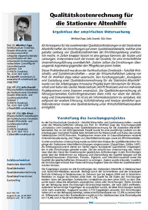 [doc_200172] Qualitätskostenrechnung für die Stationäre Altenhilfe – Ergebnisse der empirischen Untersuchung