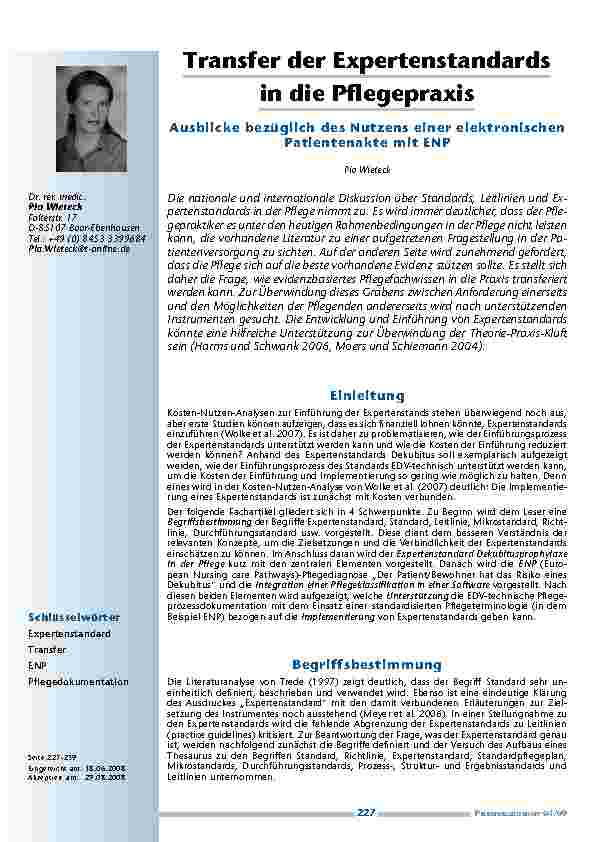 [doc_200156] Transfer der Expertenstandards in die Pflegepraxis. Ausblicke bezüglich des Nutzens einer elektronischen Patientenakte mit ENP
