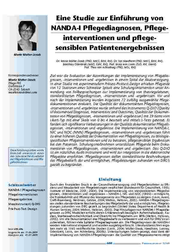 [doc_200108] Eine Studie zur Einführung von NANDA-I Pflegediagnosen, Pflegeinterventionen und pflegesensiblen Patientenergebnissen