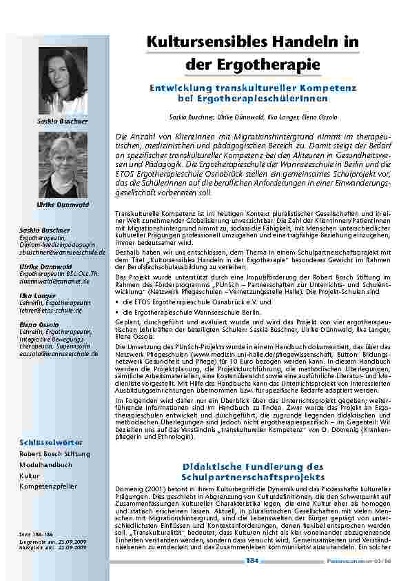 [doc_200078] Kultursensibles Handeln in der Ergotherapie – Entwicklung transkultureller Kompetenz bei ErgotherapieschülerInnen