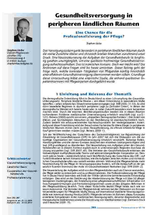 [doc_200067] Gesundheitsversorgung in peripheren ländlichen Räumen – Eine Chance für die Professionalisierung der Pflege?