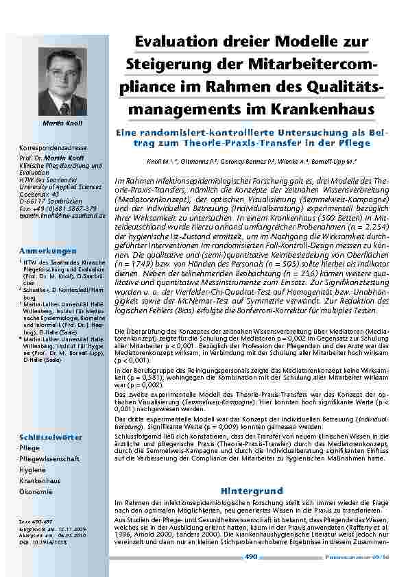 [doc_200039] Evaluation dreier Modelle zur Steigerung der Mitarbeitercompliance im Rahmen des Qualitätsmanagements im Krankenhaus. Eine randomisiert-kontrollierte Untersuchung als Beitrag zum Theorie-Praxis-Transfer in der Pflege