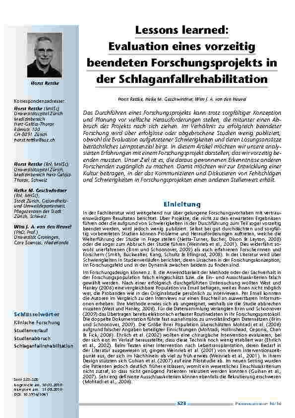 [doc_200034] Lessons learned: Evaluation eines vorzeitig beendeten Forschungsprojekts in der Schlaganfallrehabilitation