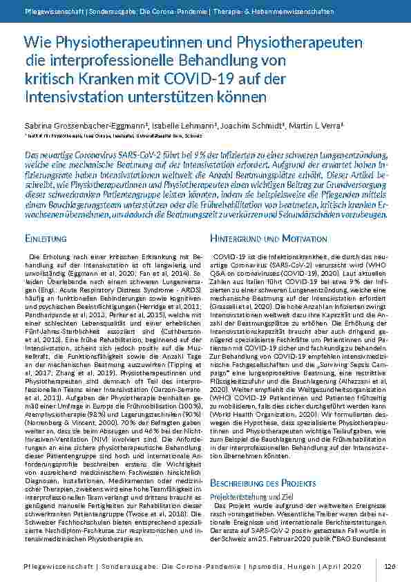 [doc_196812] Wie Physiotherapeutinnen und Physiotherapeuten die interprofessionelle Behandlung von kritisch Kranken mit COVID-19 auf der Intensivstation unterstützen können.