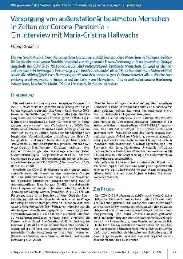 [doc_196795] Versorgung von außerstationär beatmeten Menschen in Zeiten der Corona-Pandemie – Ein Interview mit Maria-Cristina Hallwachs