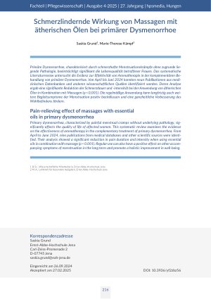 [doc_562693] Schmerzlindernde Wirkung von Massagen mit ätherischen Ölen bei primärer Dysmenorrhoe