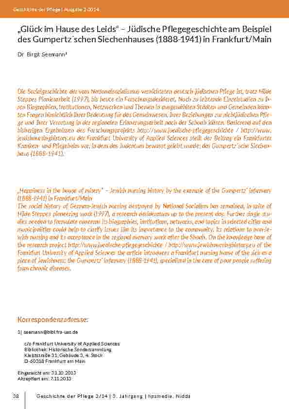 [doc_203065] „Glück im Hause des Leids“ – Jüdische Pflegegeschichte am Beispiel des Gumpertz´schen Siechenhauses (1888-1941) in Frankfurt/Main