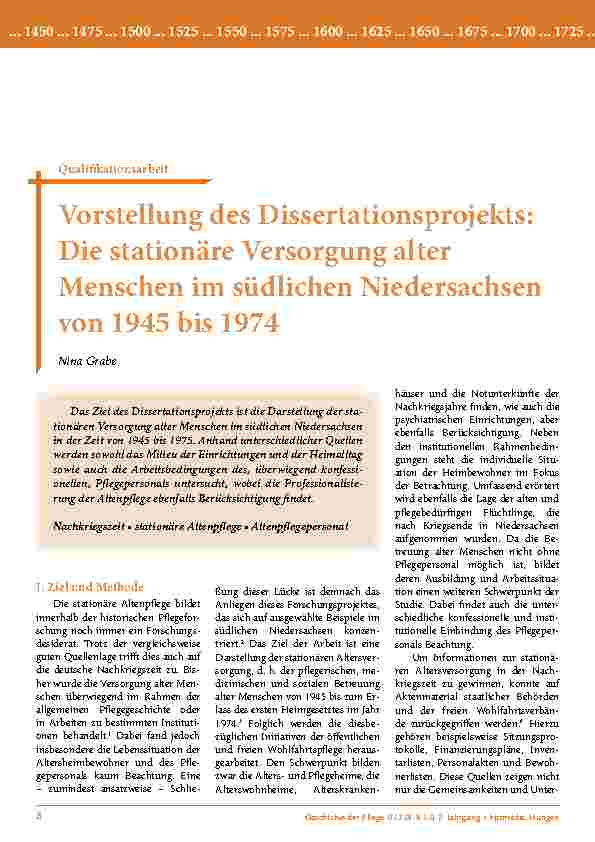 [doc_203050] Vorstellung des Dissertationsprojekts: Die stationäre Versorgung alter Menschen im südlichen Niedersachsen von 1945 bis 1974