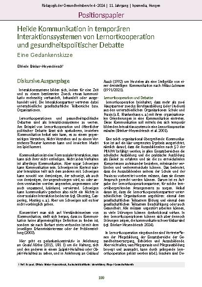 [doc_321159] Heikle Kommunikation in temporären Interaktionssystemen von Lernortkooperation und gesundheitspolitischer Debatte - Eine Gedankenskizze