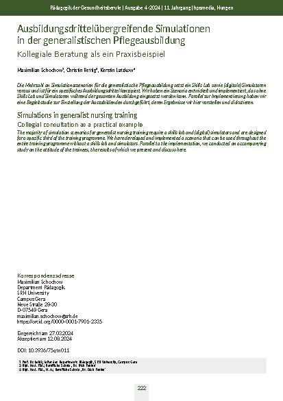 [doc_321157] Ausbildungsdrittelübergreifende Simulationen in der generalistischen Pflegeausbildung. Kollegiale Beratung als ein Praxisbeispiel.