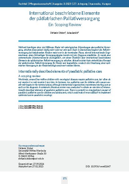 [doc_542967] International beschriebene Elemente der pädiatrischen Palliativversorgung. Ein Scoping Review