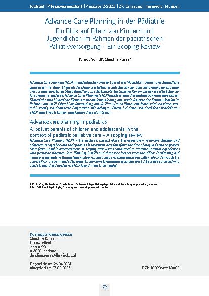 [doc_332645] Advance Care Planning in der Pädiatrie Ein Blick auf Eltern von Kindern und Jugendlichen im Rahmen der pädiatrischen Palliativversorgung – Ein Scoping Review