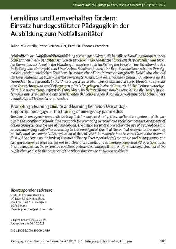 [doc_202136] Lernklima und Lernverhalten fördern: Einsatz hundegestützter Pädagogik in der Ausbildung zum Notfallsanitäter