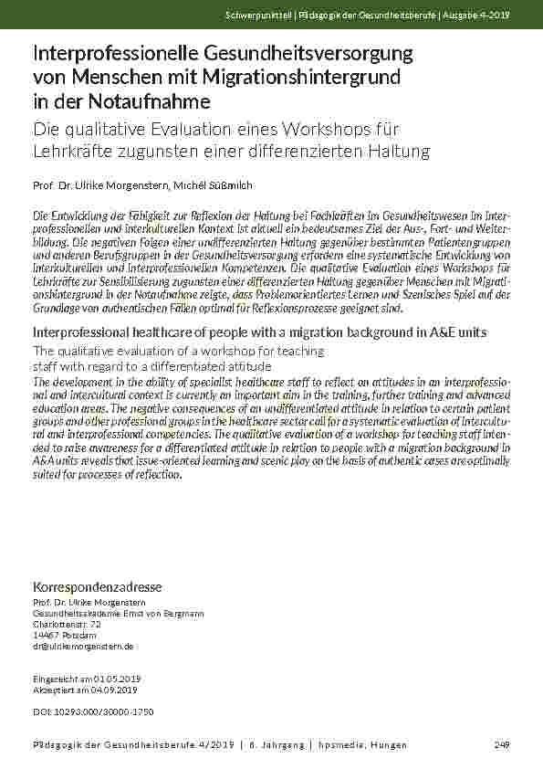 [doc_202133] Interprofessionelle Gesundheitsversorgung von Menschen mit Migrationshintergrund in der Notaufnahme. Die qualitative Evaluation eines Workshops für Lehrkräfte zugunsten einer differenzierten Haltung