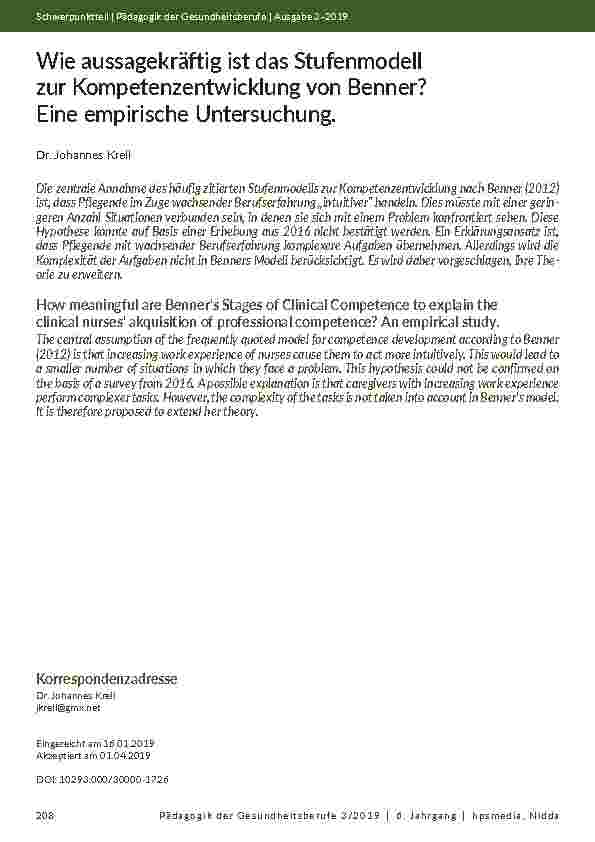 [doc_202126] Wie aussagekräftig ist das Stufenmodell zur Kompetenzentwicklung von Benner? Eine empirische Untersuchung.
