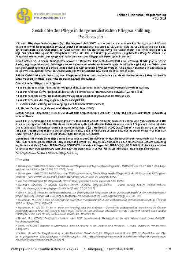 [doc_202107] Positionspapier: Geschichte der Pflege in der generalistischen Pflegeausbildung